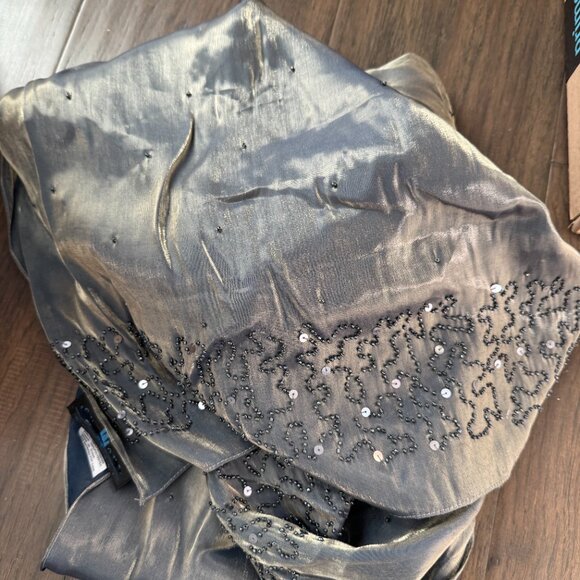 Sue Wong Scarf Dress Metallic Shiny Green Gray Shawl Hand Beaded Large #1 - Picture 16 of 16